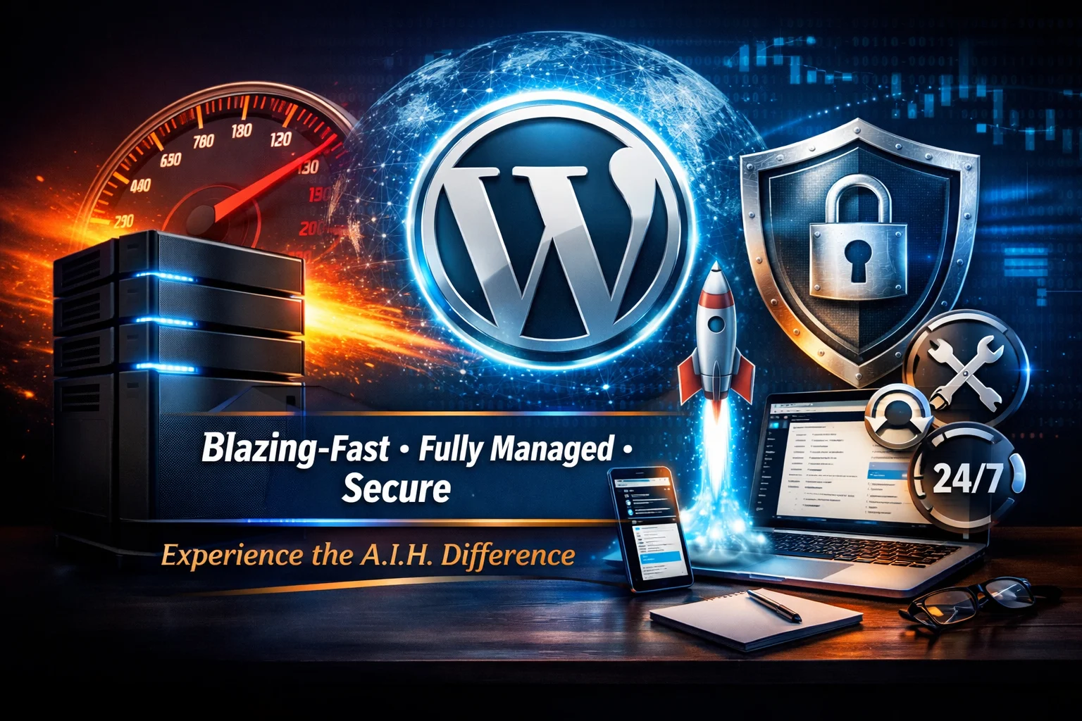 Premium WordPress hosting by A.i.H. featuring blazing-fast servers, secure shield, and WordPress logo.