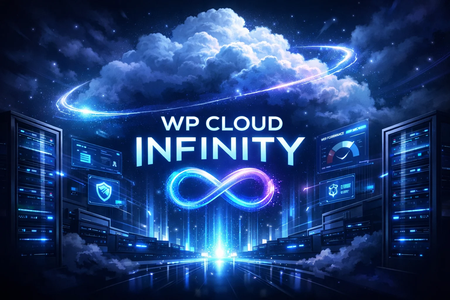 Premium cloud hosting hero image featuring WP Cloud Infinity branding, glowing servers, and futuristic cloud technology.